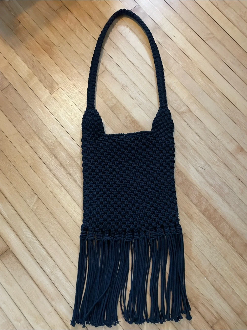 Macrame Long Fringe Shoulder Bag Purse Tote Lined Snap Closure Indie Sleaze